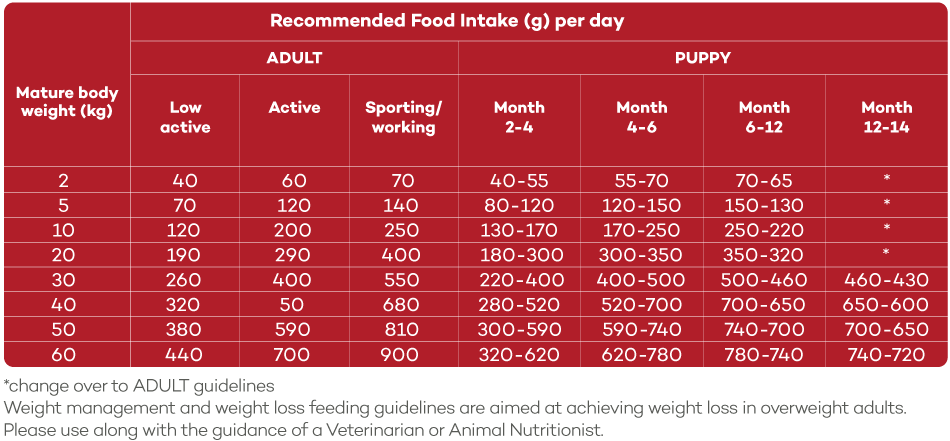 Feeding guide table for Lokuno joint care dog food.